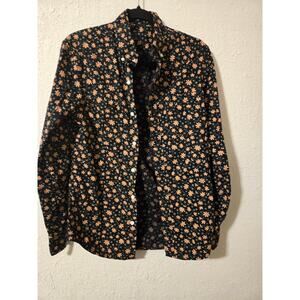 J CREW Button-Down Shirt Mens Small Black Floral LS Flex Washed Stretch Cotton